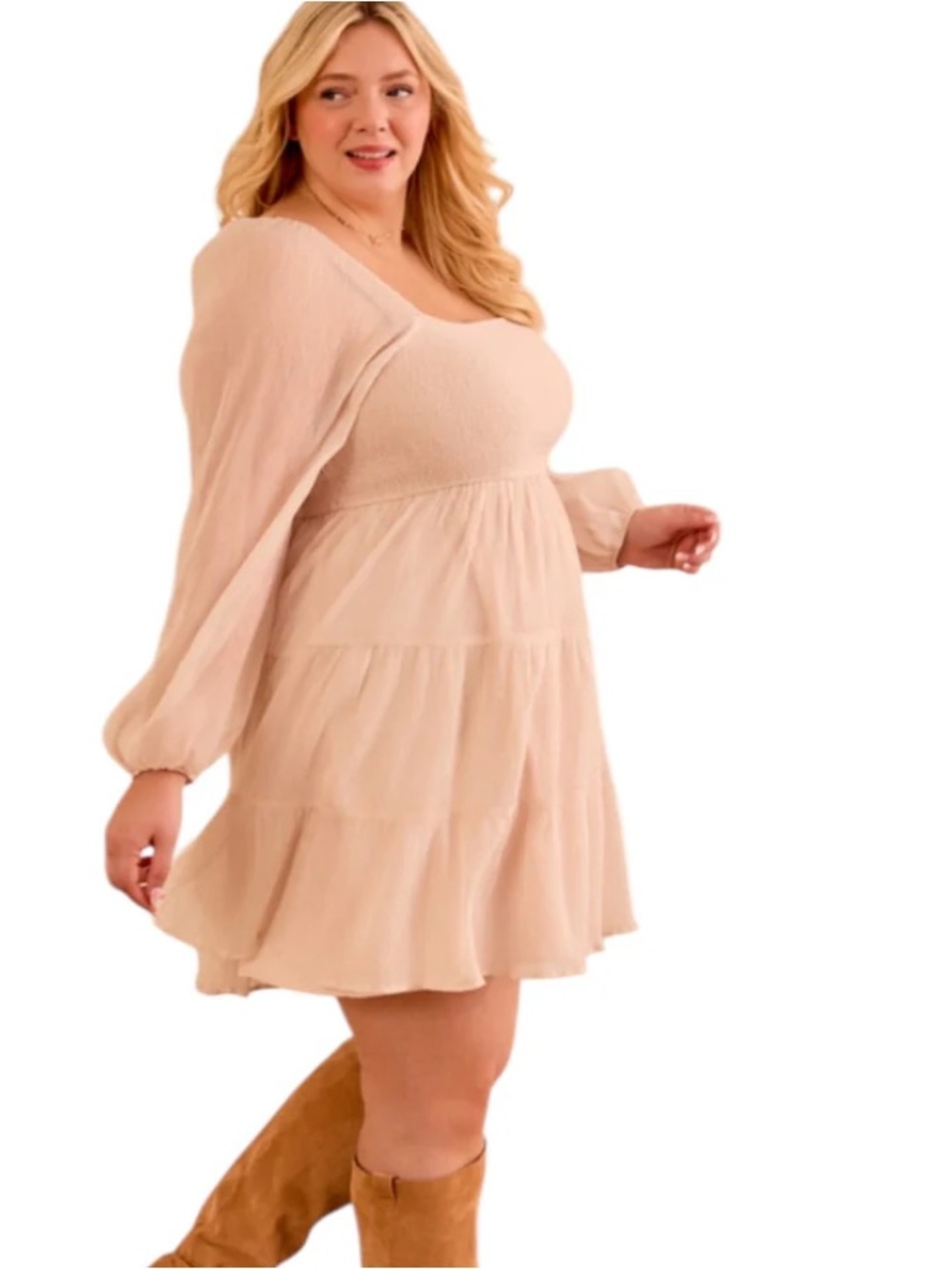 ARULA Cream Tiered Babydoll Dress with Puff Sleeves